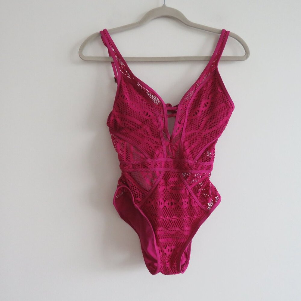 BECCA Purple Color Play Crochet Plunge One-Piece Swimsuit Magenta - Size XS - Picture 2 of 14